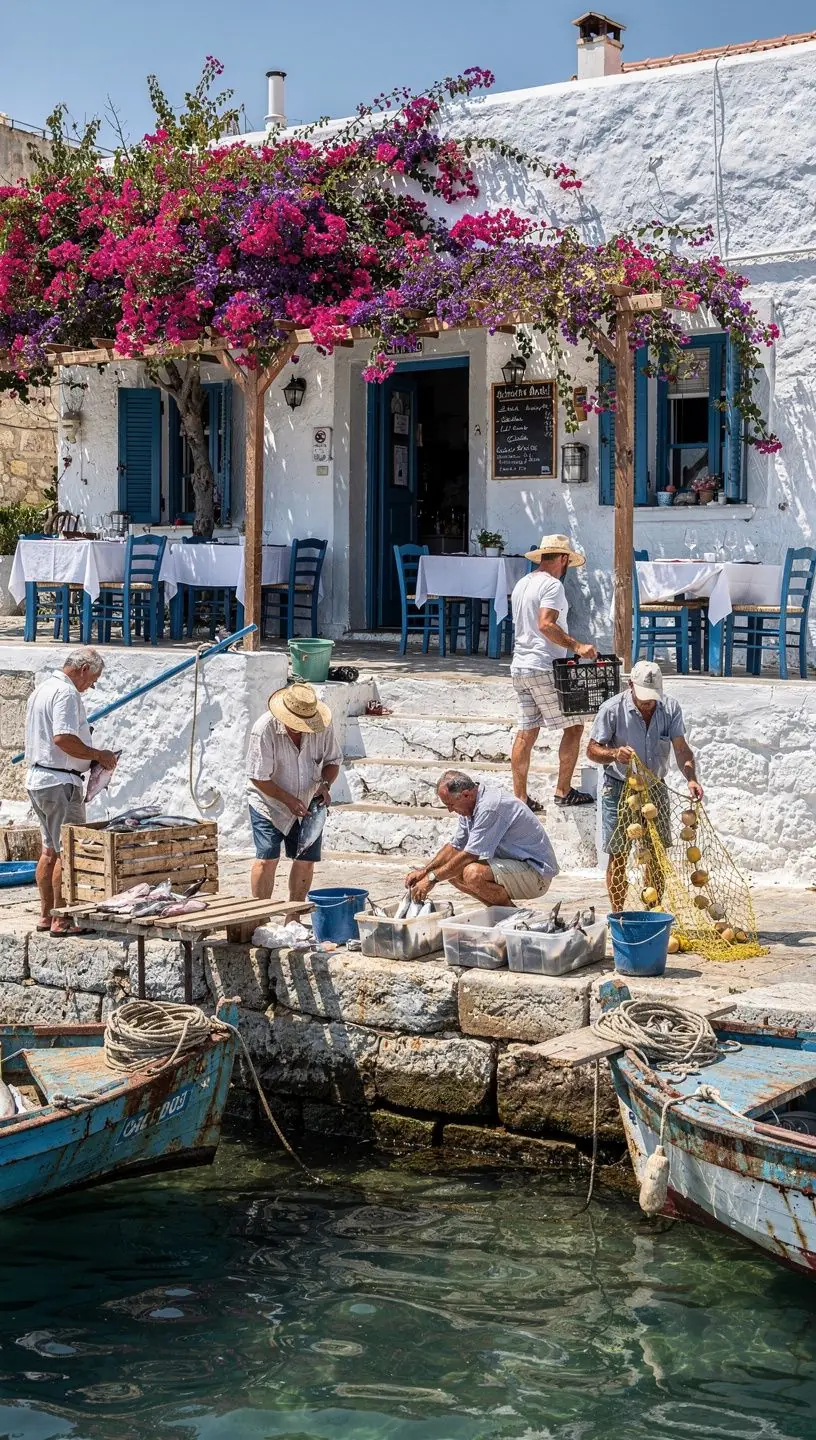 Σκηνή από ψαροκαλύβες στην ακτή του Αιγαίου